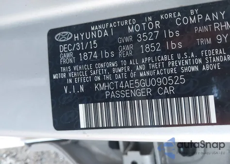 2016 Hyundai Accent Se from USA, damaged, VIN KMHCT4AE5GU090525